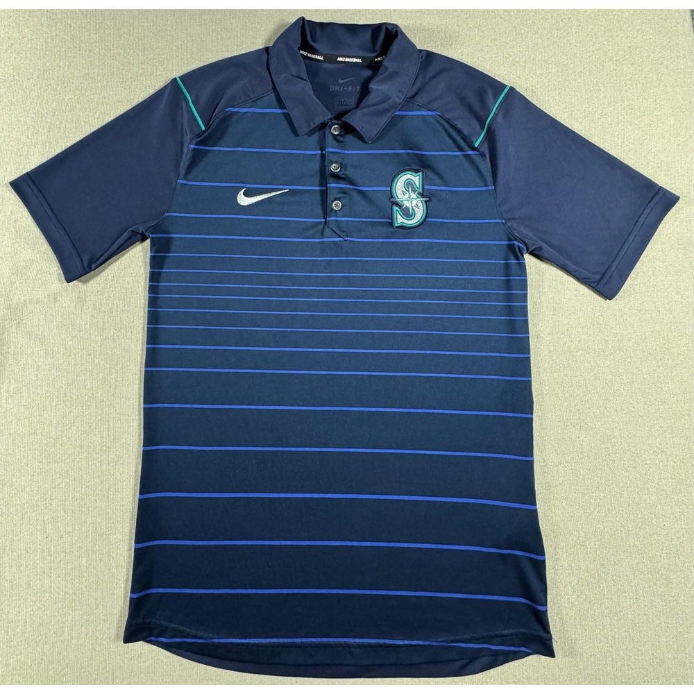 Nike Seattle Mariners Mens Small Blue MLB Baseball Striped Dri Fit Polo Shirt